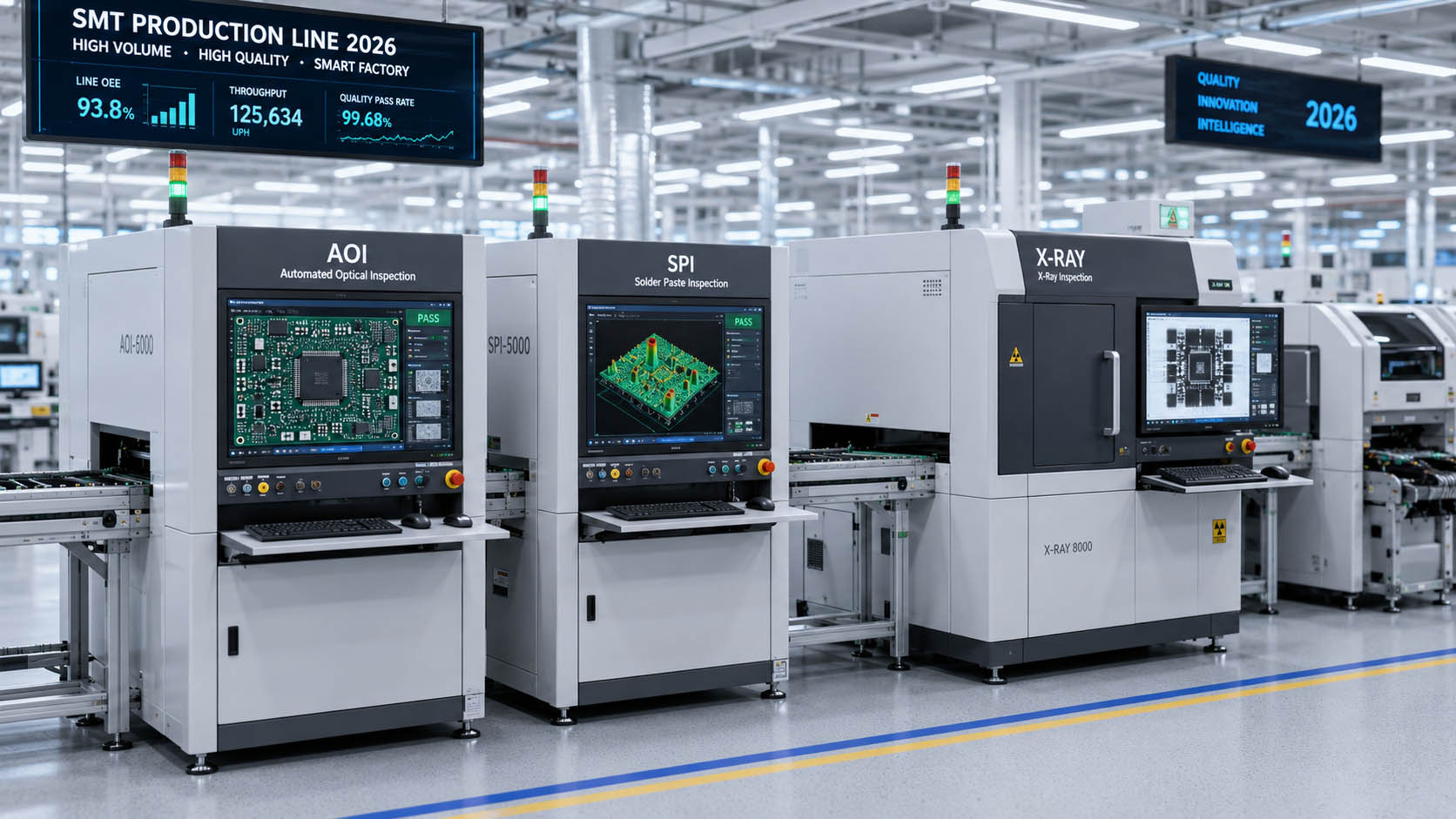 2026 AOI SPI X-Ray inspection system on modern SMT production line