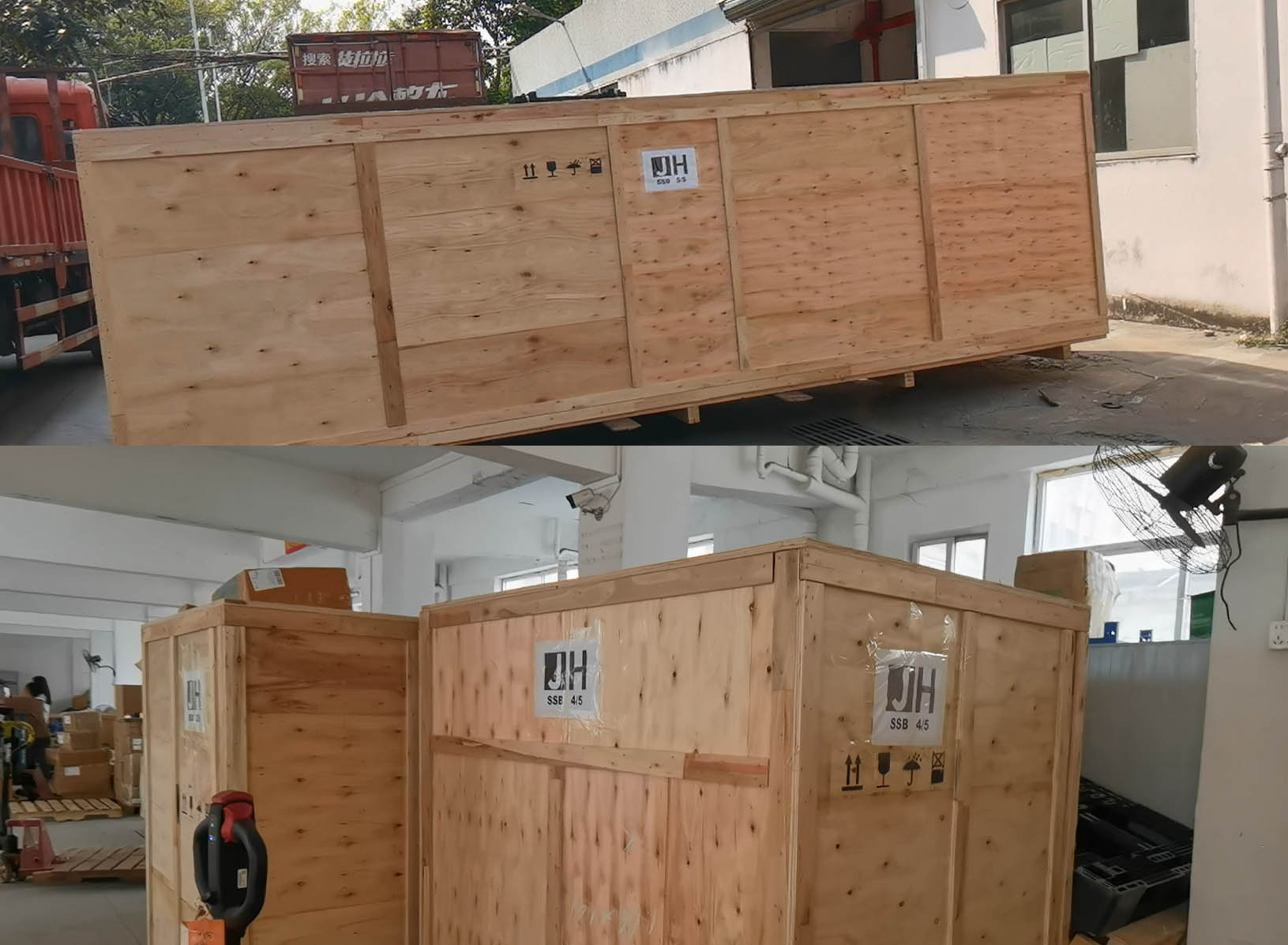 Automated PCB unloading machine assembly inside wooden shipping frame ready for cross border delivery to Malaysia