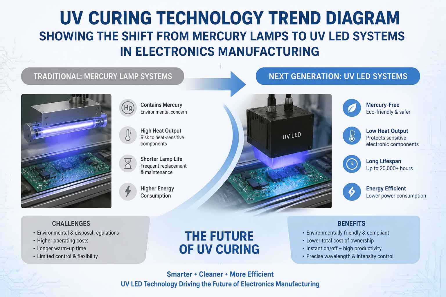 2026 UV curing technology trend diagram showing the shift from mercury lamps to UV LED systems in electronics manufacturing