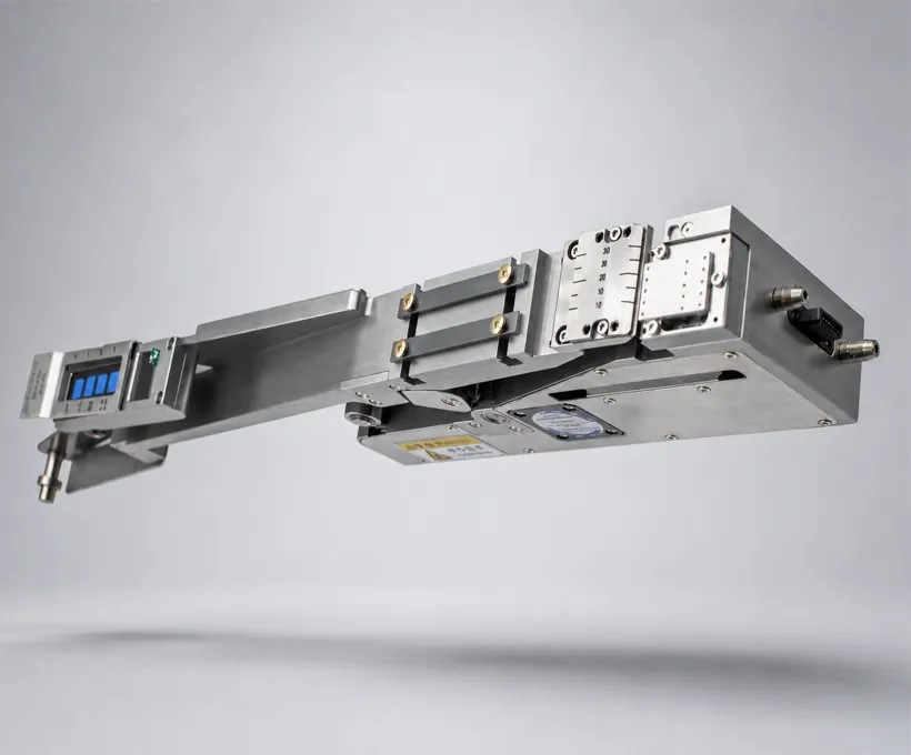 JHIMS LMFD-LB label feeder for FUJI NXT, long silver feeder body with a label platform at the front and blue indicator lights