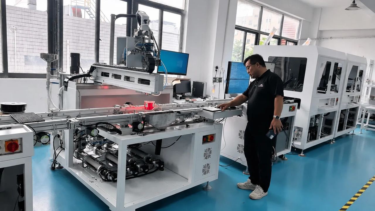 Ingeniero de JHIMS poniendo en marcha y depurando una máquina de automatización en la fábrica