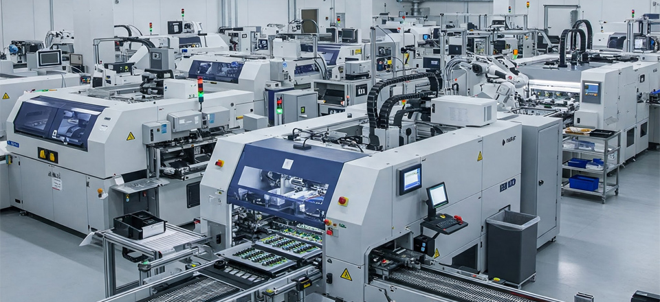 Línea completa de producción SMT instalada en una fábrica: impresora de pasta de soldadura con placas en el transportador y varias máquinas de colocación en fila